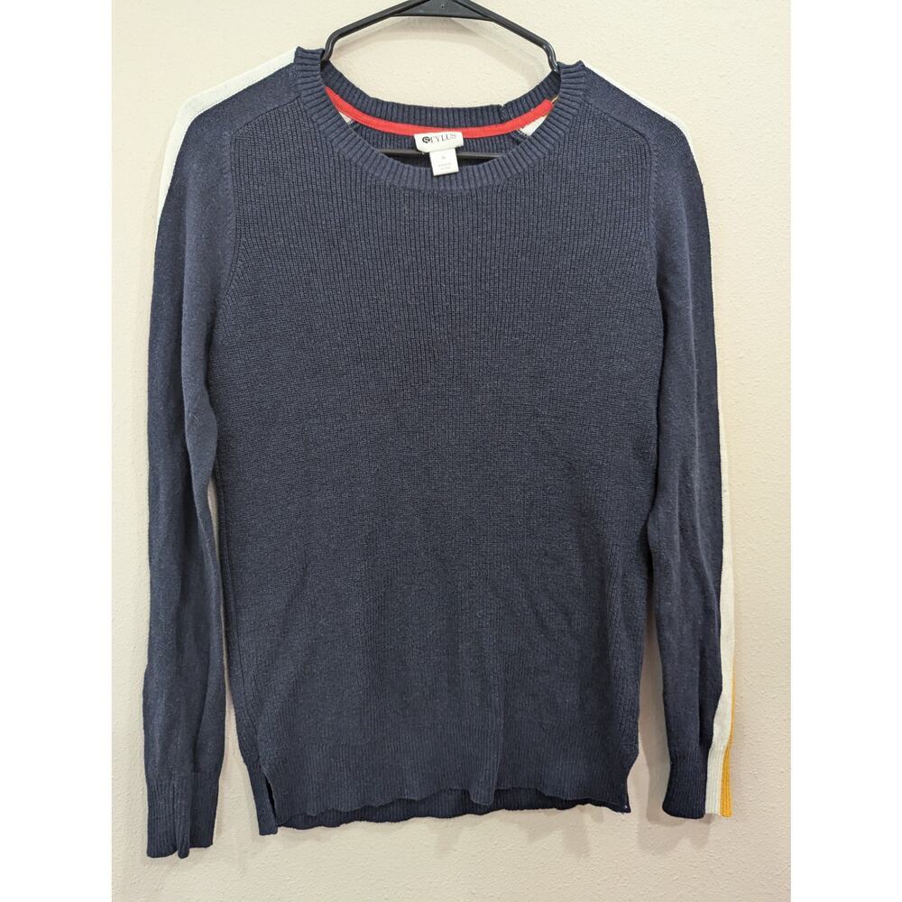 Sporty Navy women's sweater by Stylus w/sleeve stripe in cream & yellow, size M